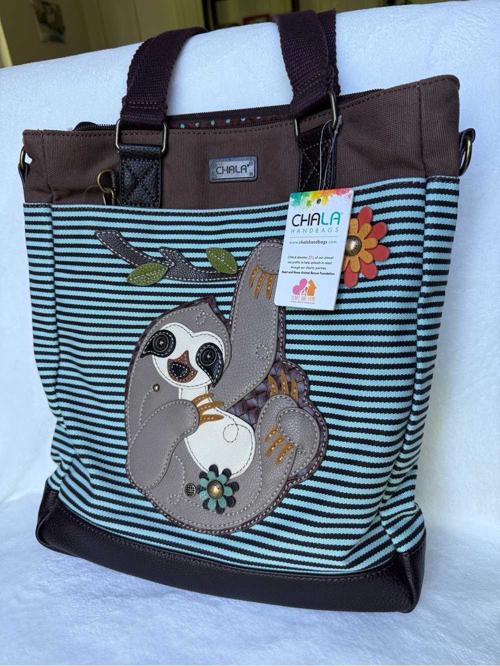 NWT Chala Sloth Canvas Work Tote Shoulder Bag Blue & Brown Stripe